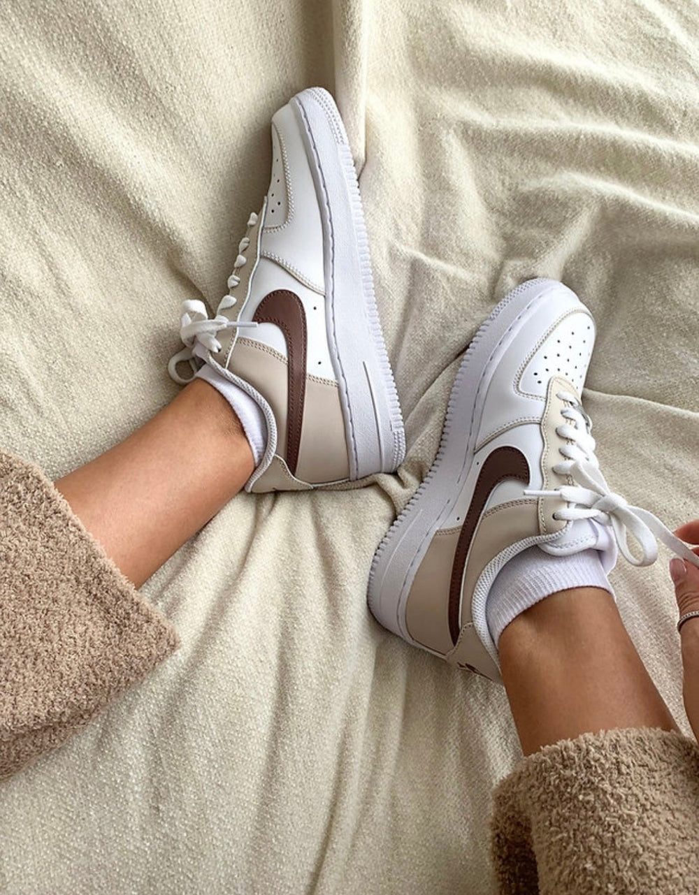 Custom Air Force 1 White Tan Brown Swoosh Design