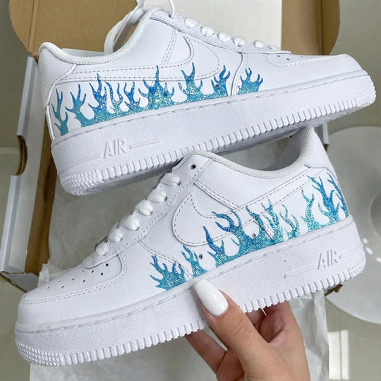 Custom Air Force 1 White Teal Glitter Flame Pattern