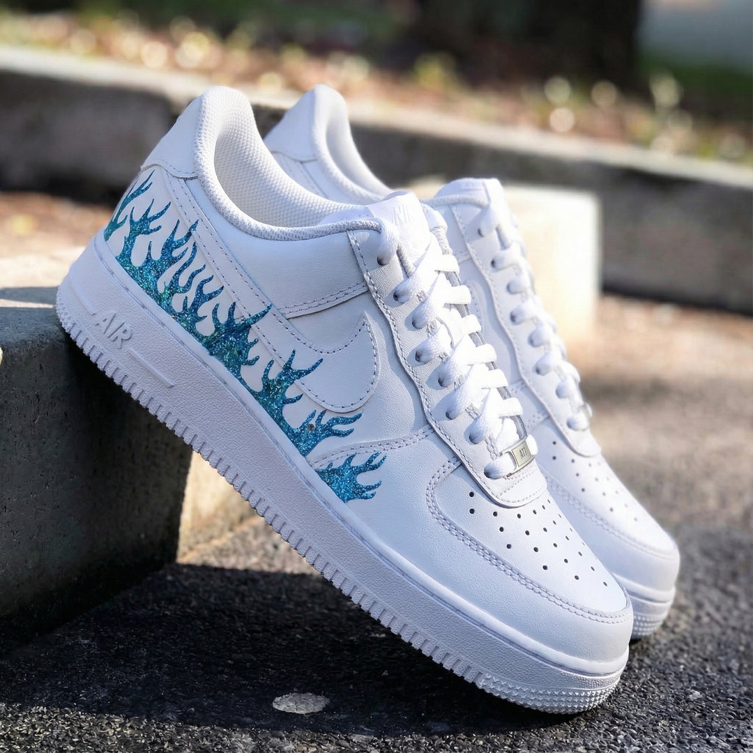 Custom Air Force 1 White Teal Glitter Flame Pattern