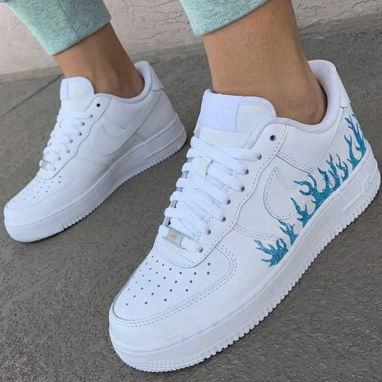 Custom Air Force 1 White Teal Glitter Flame Pattern