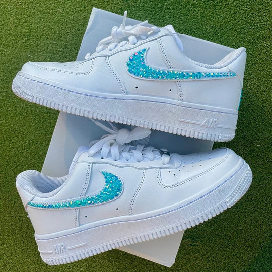 Custom Air Force 1 White Teal Rhinestones Swoosh