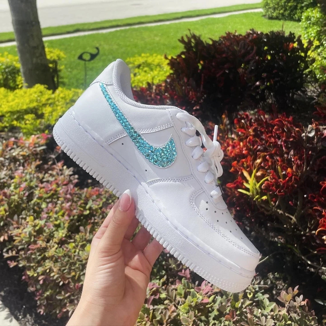 Custom Air Force 1 White Teal Rhinestones Swoosh