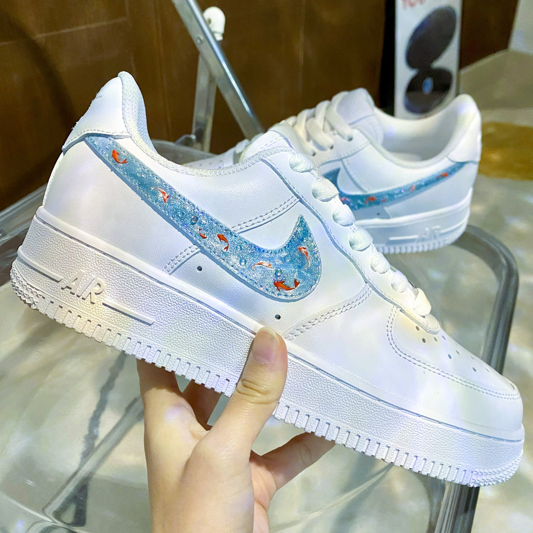 Custom Air Force 1 White With Baby Blue Cat's Eye Red Koi Bubble