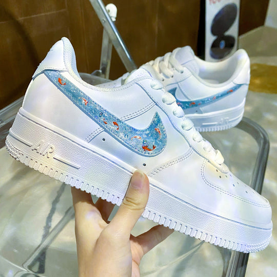 Custom Air Force 1 White With Baby Blue Cat's Eye Red Koi Bubble