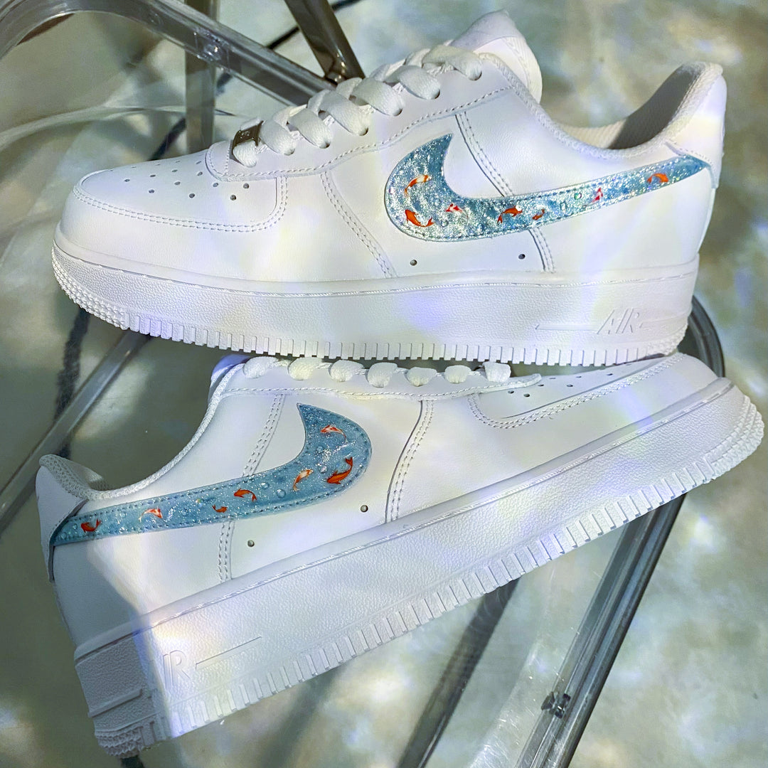 Custom Air Force 1 White With Baby Blue Cat's Eye Red Koi Bubble