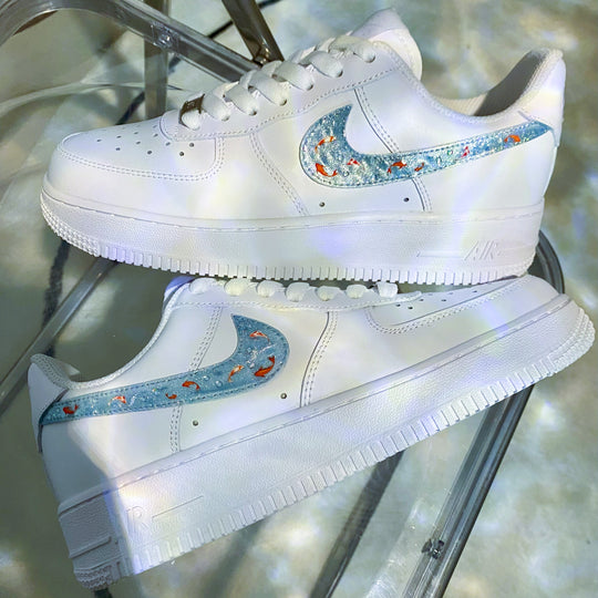 Custom Air Force 1 White With Baby Blue Cat's Eye Red Koi Bubble