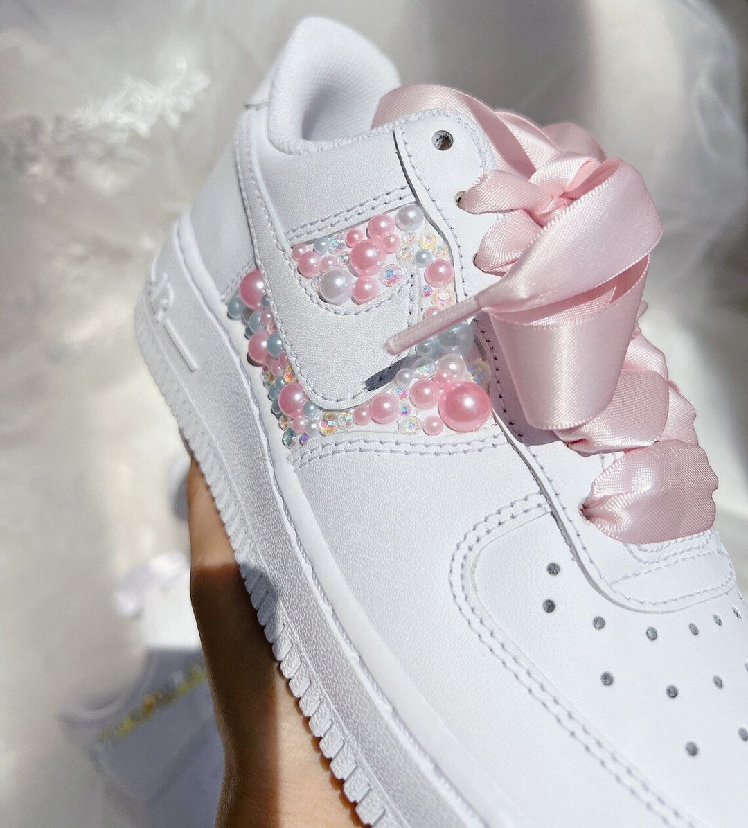 Custom Air Force 1 White With Baby Pink Pearls And Rhinestones