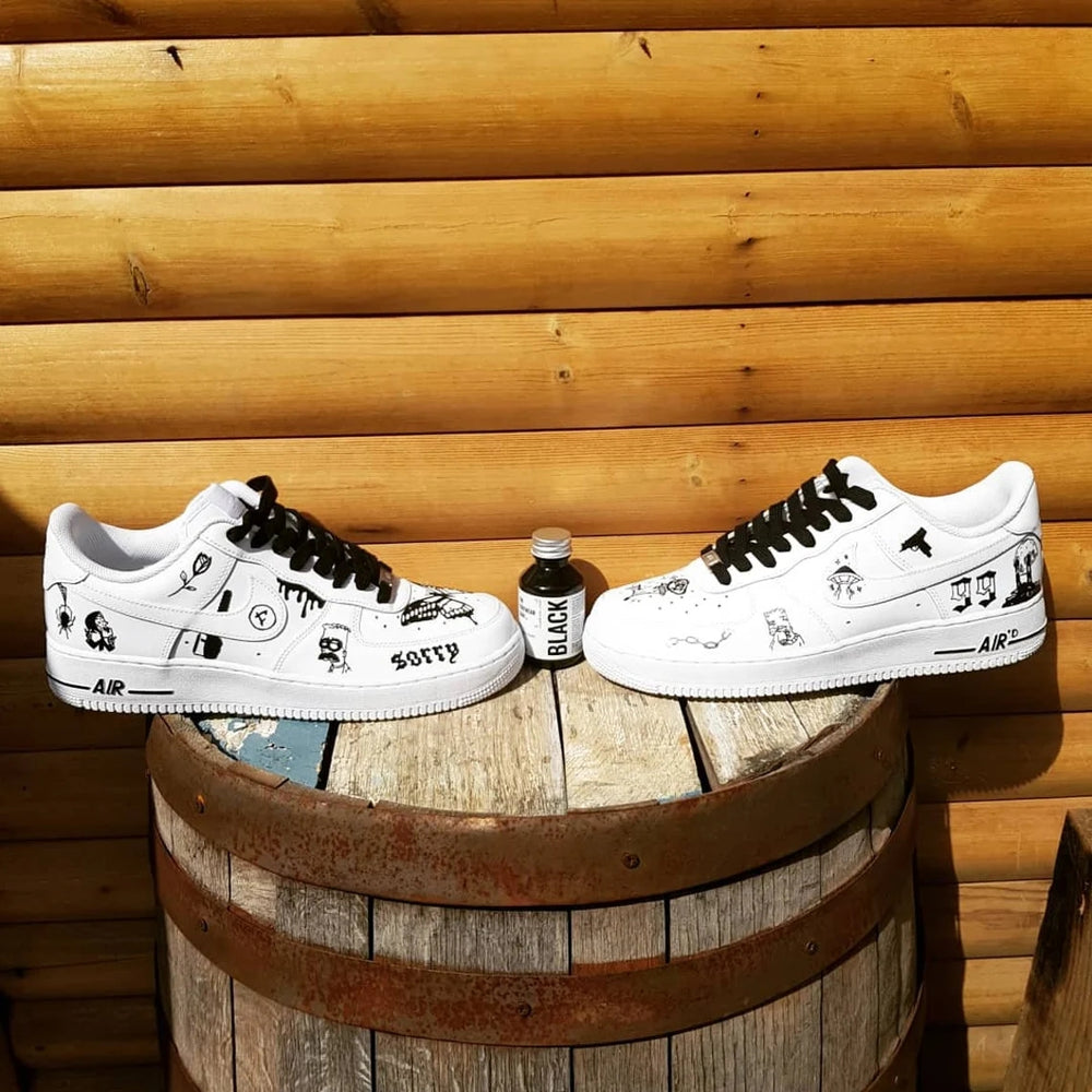 Custom Air Force 1 White With Black Butterfly And Cartoon Patterns