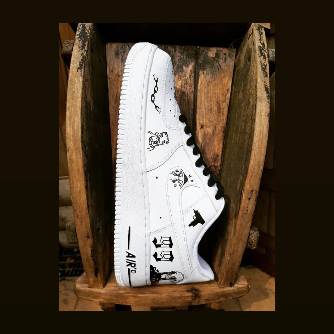 Custom Air Force 1 White With Black Butterfly And Cartoon Patterns