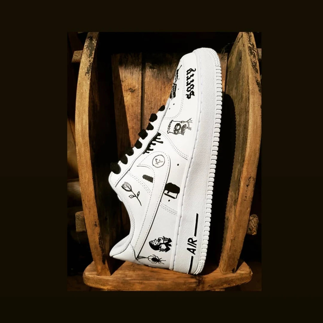 Custom Air Force 1 White With Black Butterfly And Cartoon Patterns