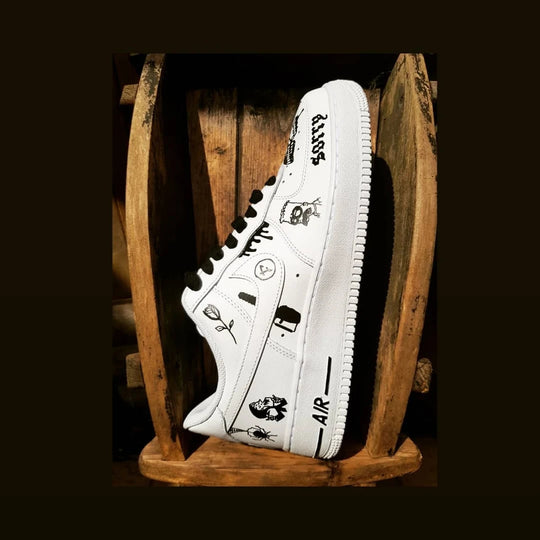 Custom Air Force 1 White With Black Butterfly And Cartoon Patterns