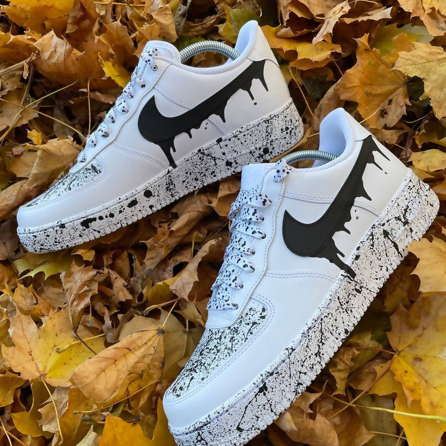 Custom Air Force 1 White With Black Splatter And Dripping Design 