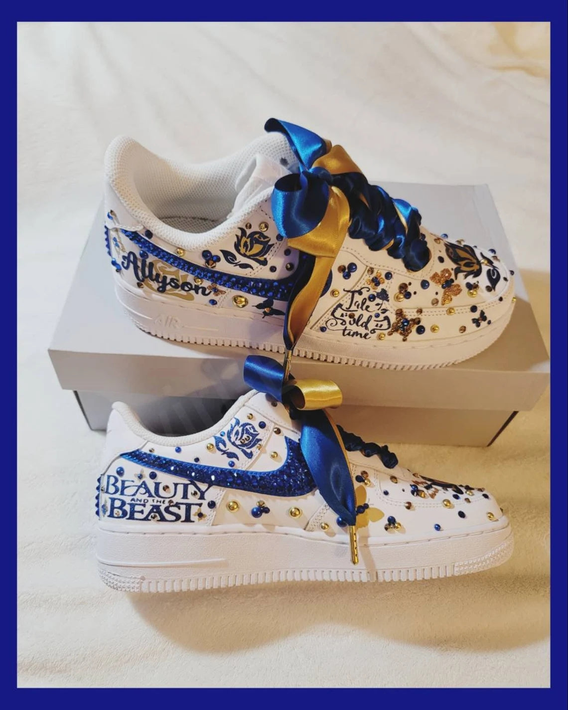 Custom Air Force 1 White With Blue And Gold Embellishments