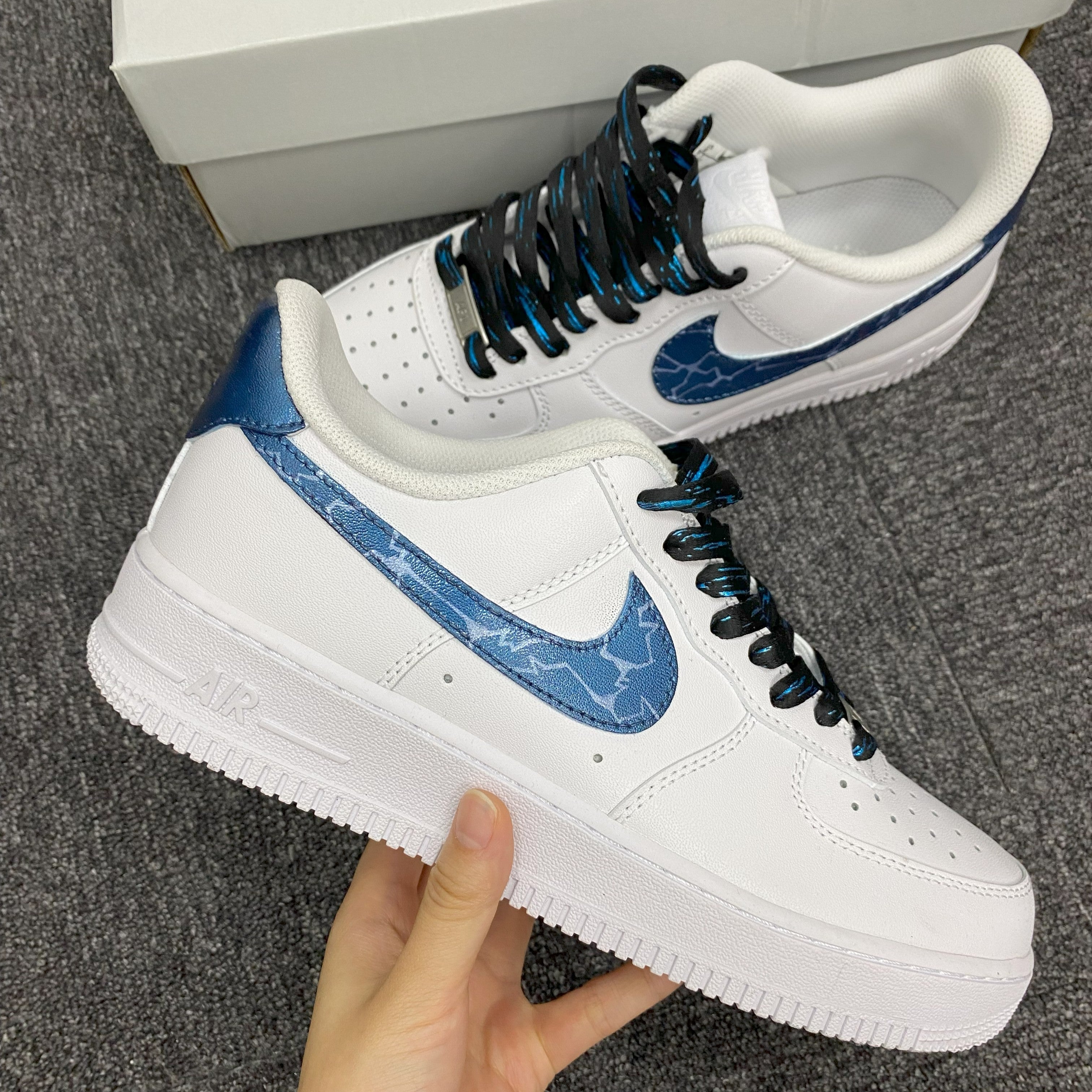 Custom Air Force 1 White With Blue Crackle Pattern And Blue - Black Laces 
