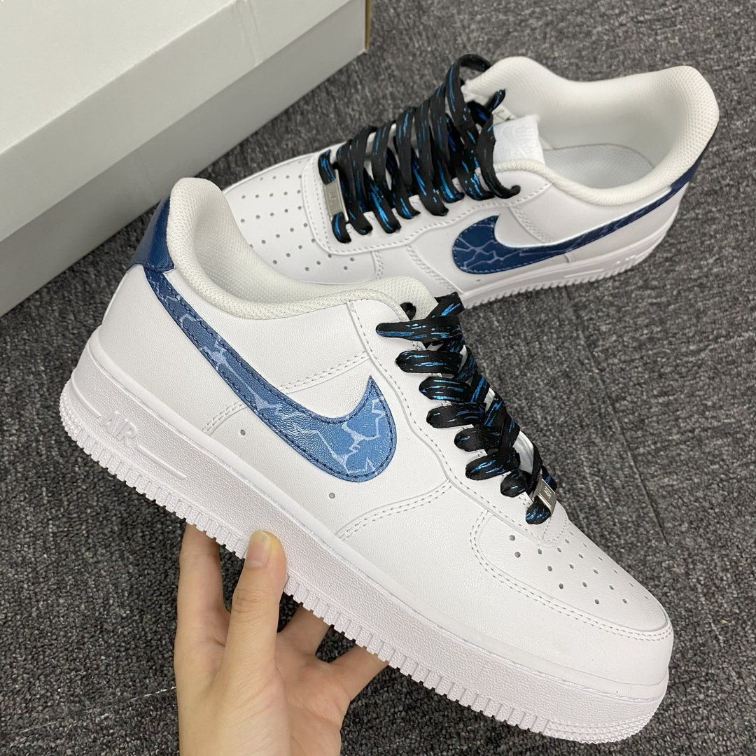 Custom Air Force 1 White With Blue Crackle Pattern And Blue - Black Laces 
