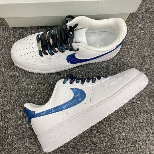 Custom Air Force 1 White With Blue Crackle Pattern And Blue - Black Laces 