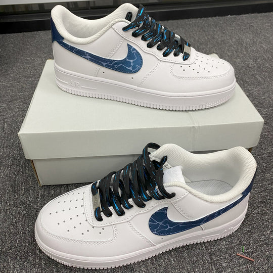 Custom Air Force 1 White With Blue Crackle Pattern And Blue - Black Laces 