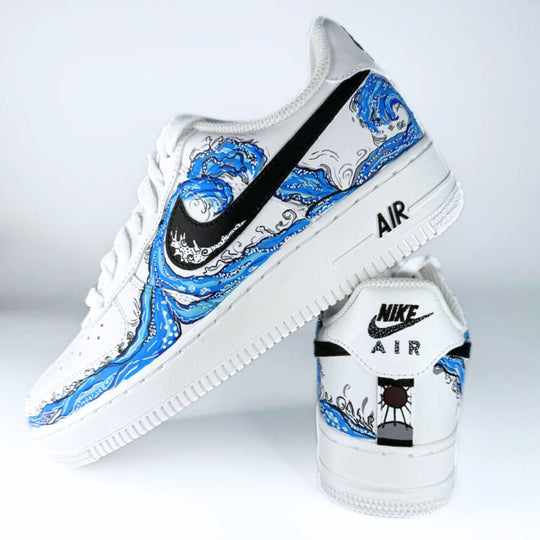 Custom Air Force 1 White With Blue Wave Pattern 
