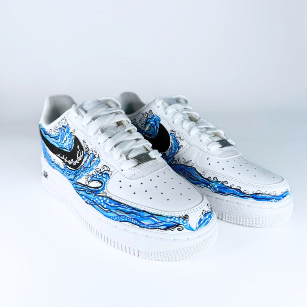 Custom Air Force 1 White With Blue Wave Pattern 