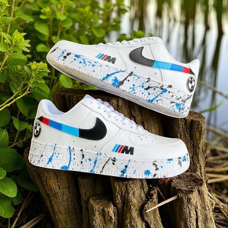 Custom Air Force 1 White With BMW Logos And Blue Splatter Patterns