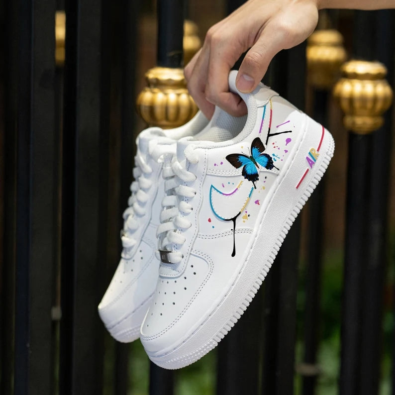Custom Air Force 1 White With Butterflies And Paint - Splatter Design