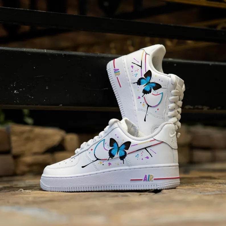 Custom Air Force 1 White With Butterflies And Paint - Splatter Design