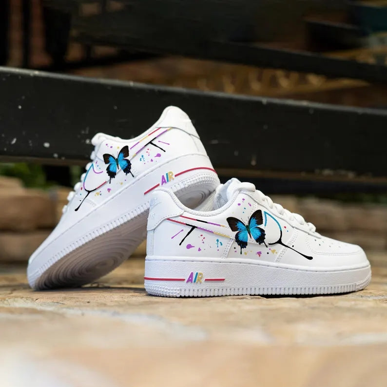 Custom Air Force 1 White With Butterflies And Paint - Splatter Design