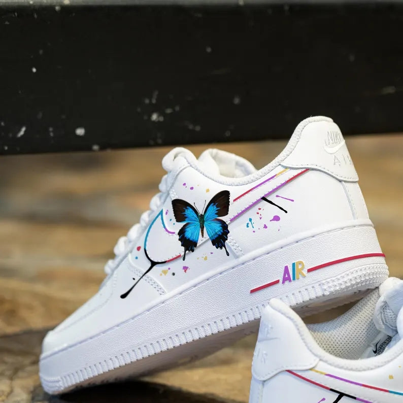 Custom Air Force 1 White With Butterflies And Paint - Splatter Design