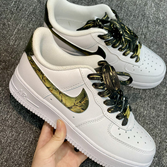 Custom Air Force 1 White With Cat's Eye Gold Foil And Black Branch