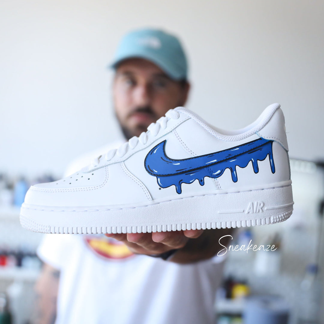 Custom Air Force 1 White With Dripping Blue Swoosh Design