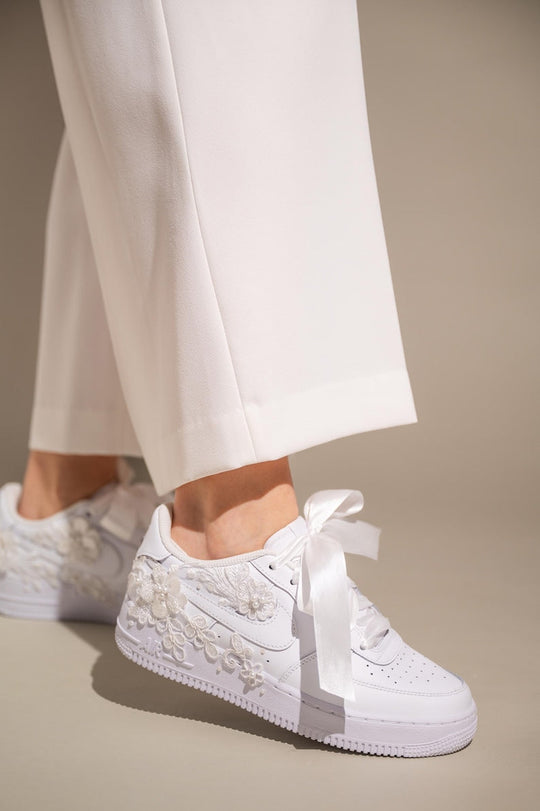 Custom Air Force 1 White With Floral Embellishments And Satin Ribbons 