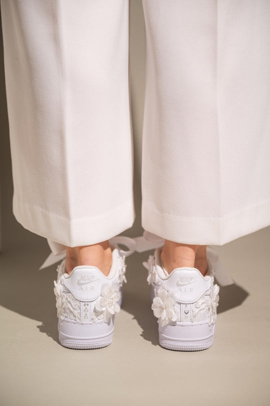 Custom Air Force 1 White With Floral Embellishments And Satin Ribbons 