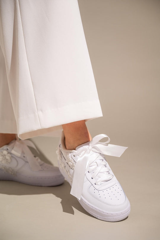 Custom Air Force 1 White With Floral Embellishments And Satin Ribbons 