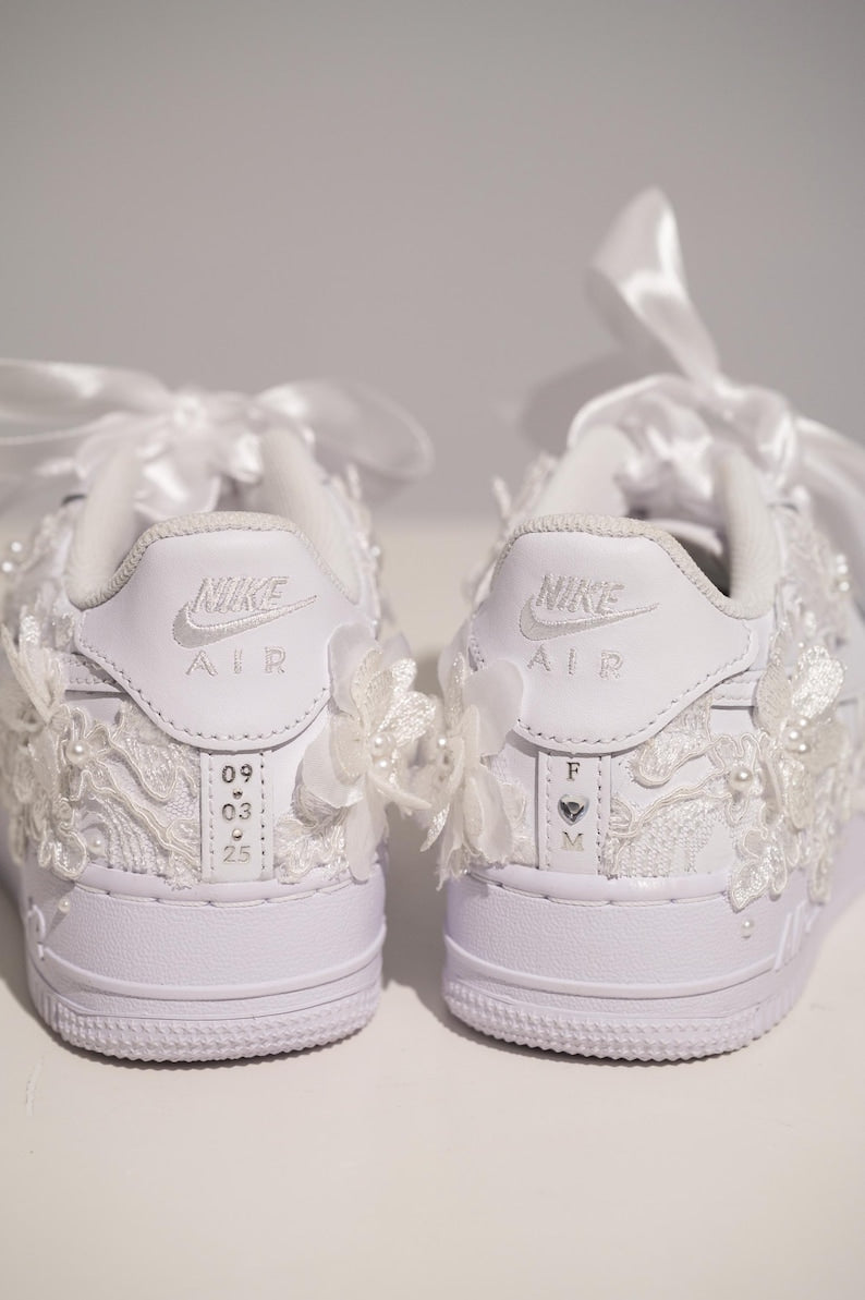 Custom Air Force 1 White With Floral Embellishments And Satin Ribbons 