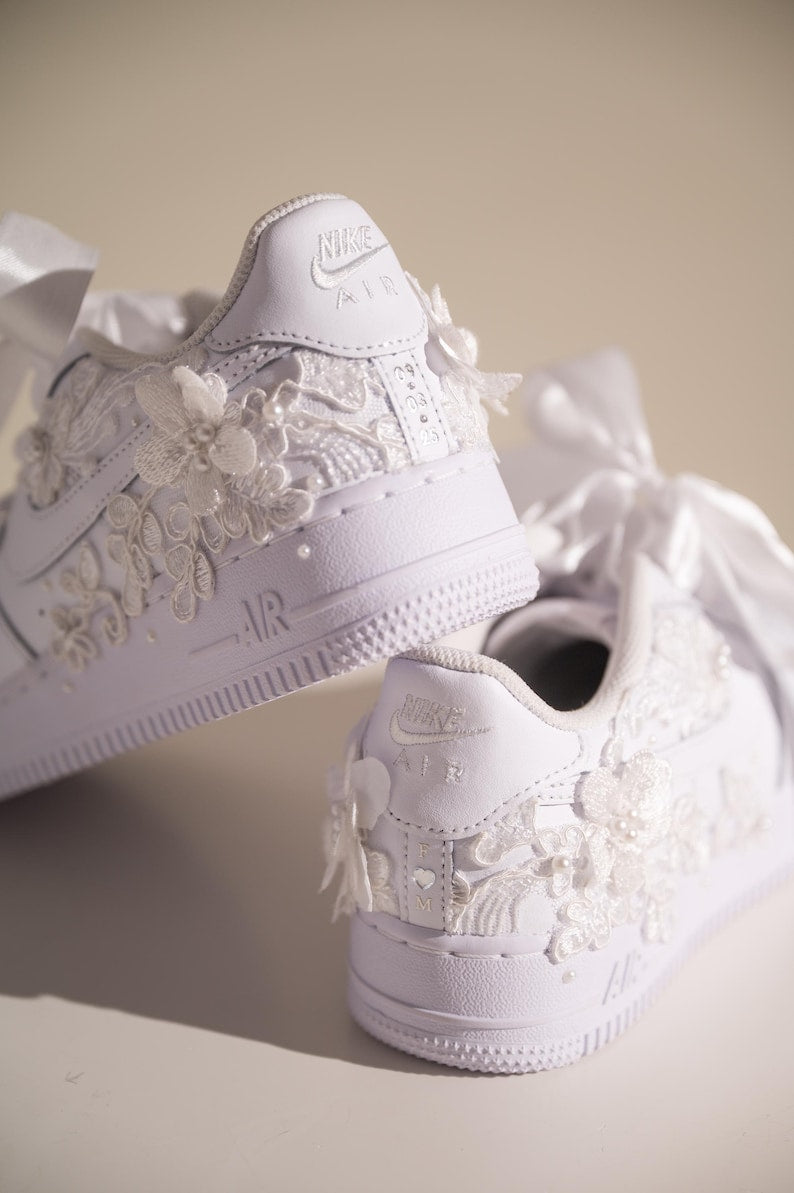 Custom Air Force 1 White With Floral Embellishments And Satin Ribbons 