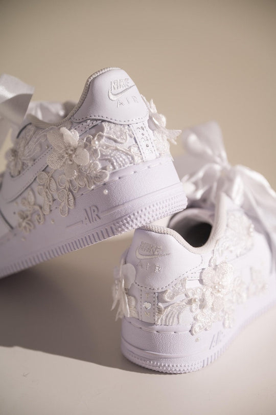 Custom Air Force 1 White With Floral Embellishments And Satin Ribbons 