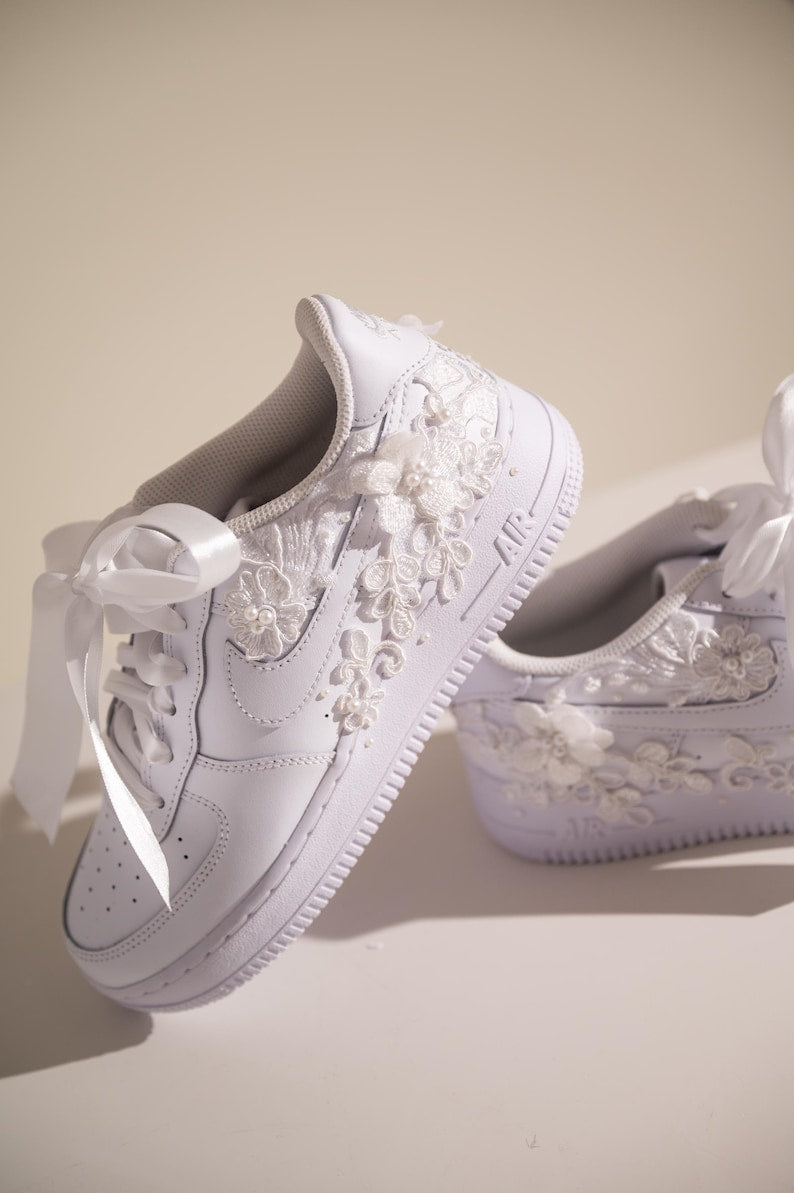 Custom Air Force 1 White With Floral Embellishments And Satin Ribbons 