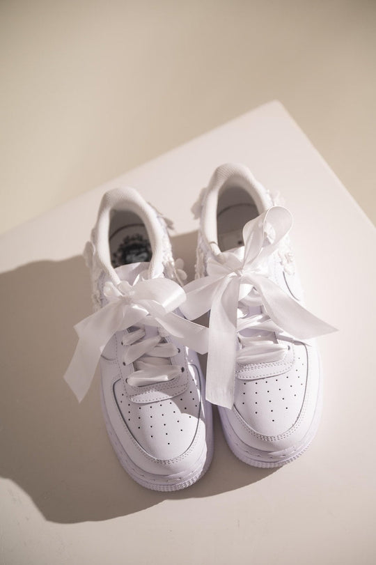 Custom Air Force 1 White With Floral Embellishments And Satin Ribbons 