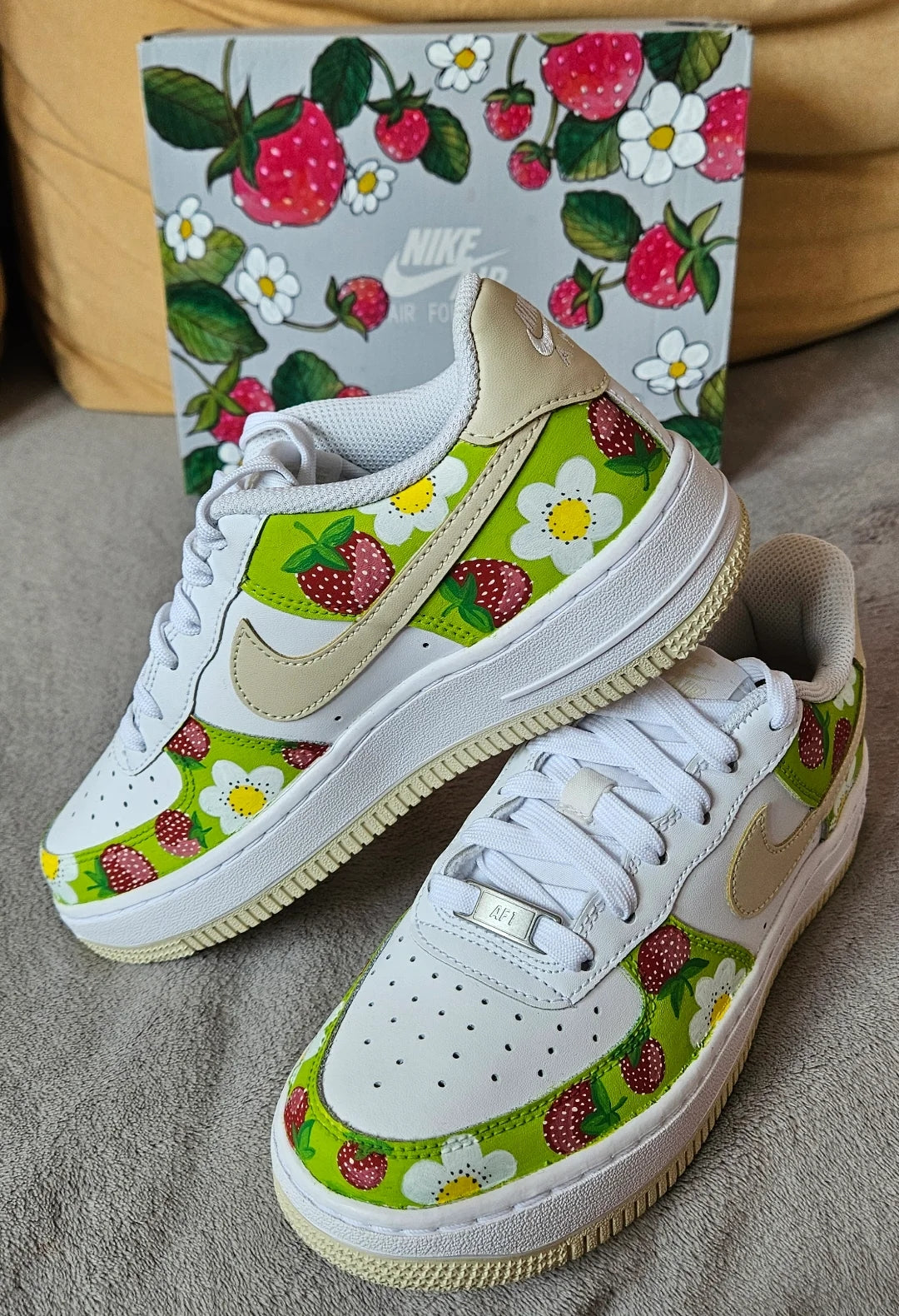 Custom Air Force 1 White With Green Strawberry And Daisy Pattern 