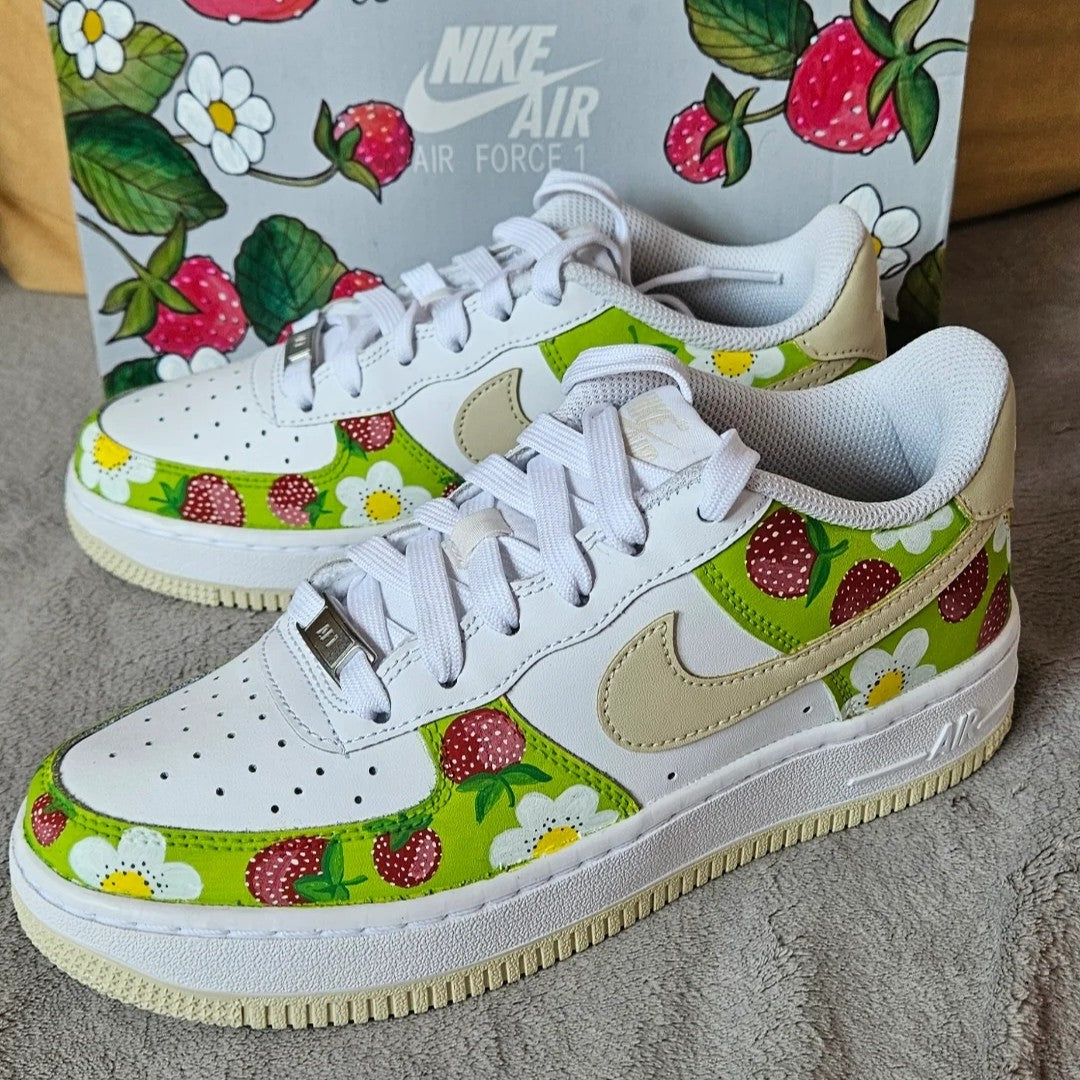 Custom Air Force 1 White With Green Strawberry And Daisy Pattern 