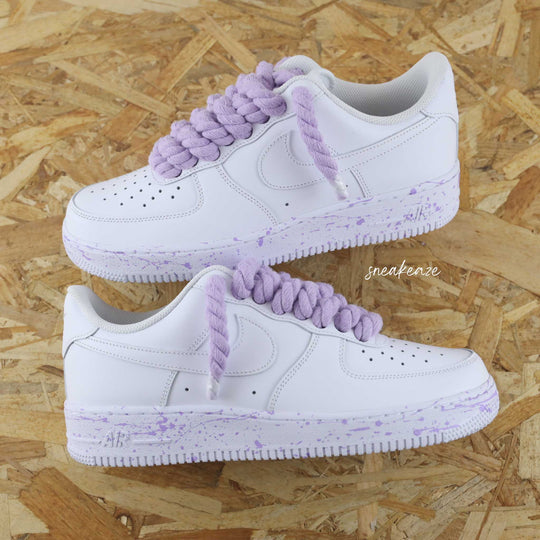 Custom Air Force 1 White With Lilac Splatter And Braided Lilac Laces