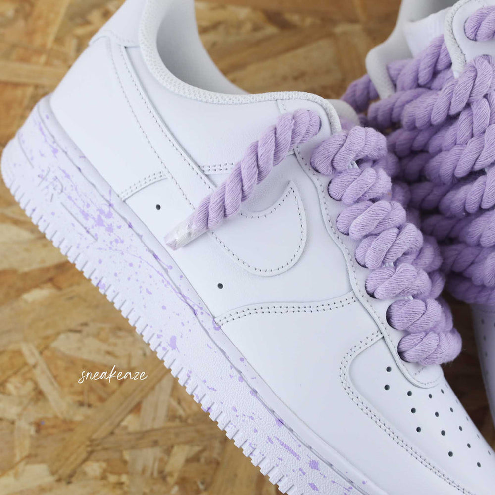 Custom Air Force 1 White With Lilac Splatter And Braided Lilac Laces