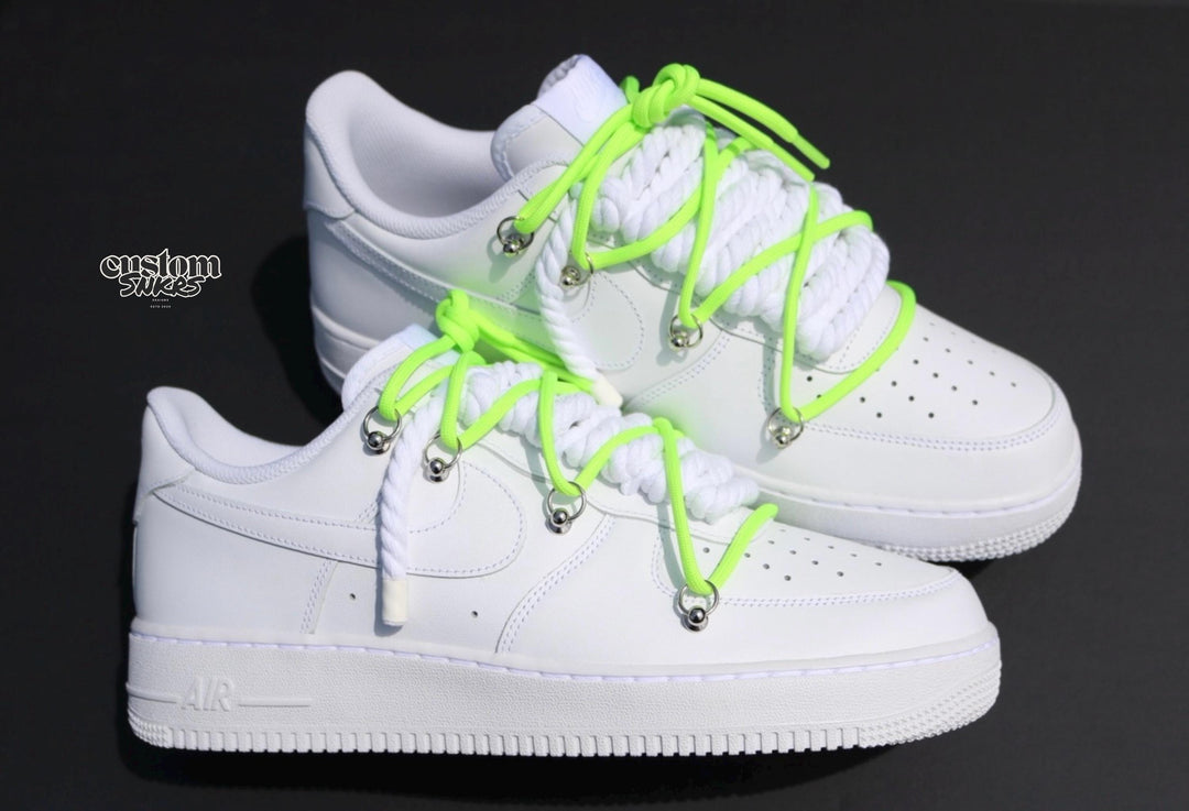 Custom Air Force 1 White With Neon Green Laces And Metal Rings