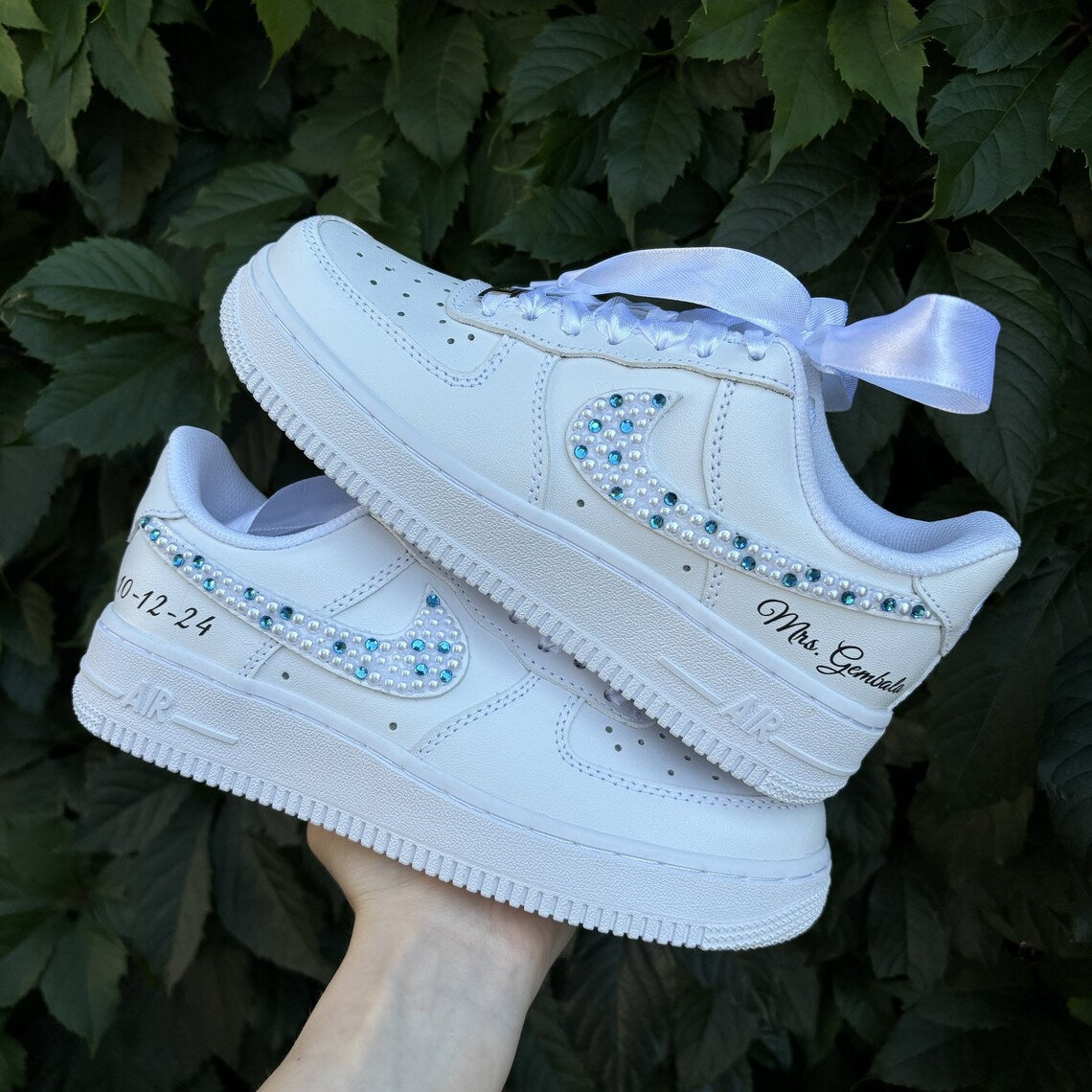 Custom Air Force 1 White With Pearl And Blue Rhinestone Embellishments