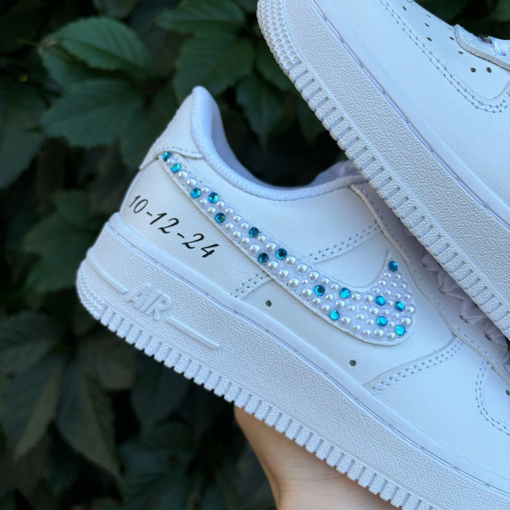 Custom Air Force 1 White With Pearl And Blue Rhinestone Embellishments
