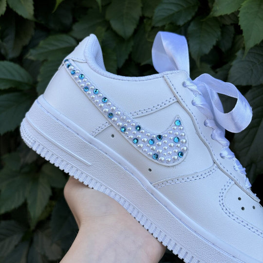 Custom Air Force 1 White With Pearl And Blue Rhinestone Embellishments