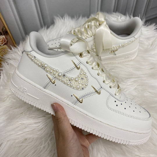 Custom Air Force 1 White With Pearls And Satin Ribbons 