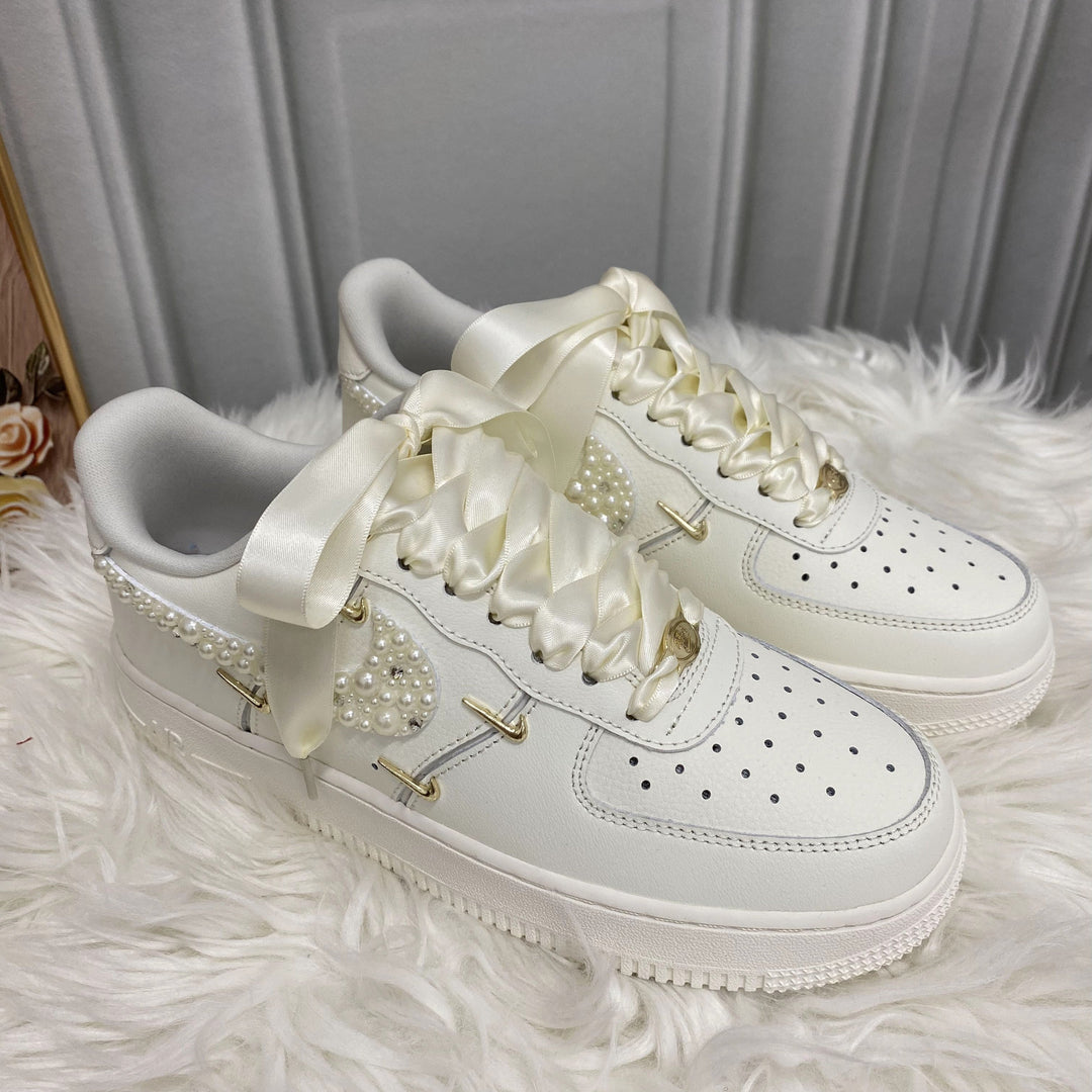 Custom Air Force 1 White With Pearls And Satin Ribbons 