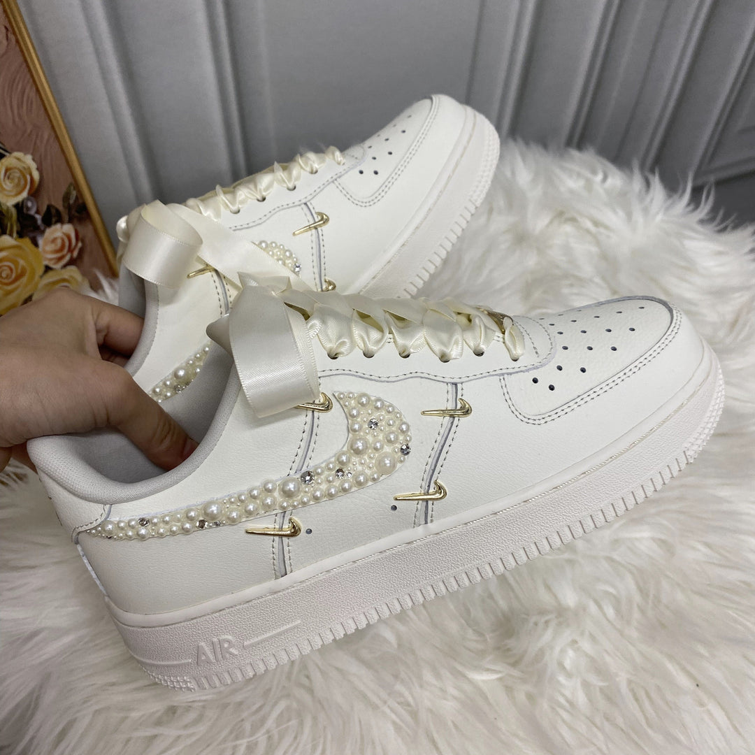 Custom Air Force 1 White With Pearls And Satin Ribbons 