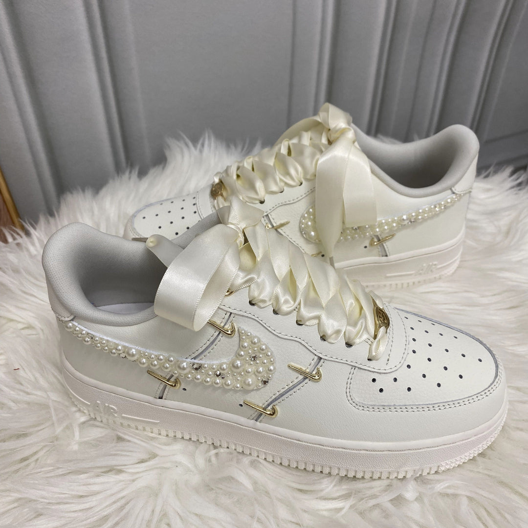 Custom Air Force 1 White With Pearls And Satin Ribbons 